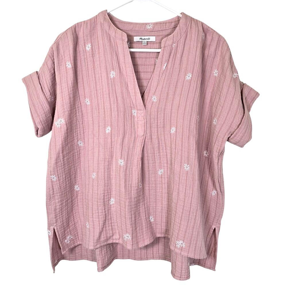 Madewell Lakeland Popover Blouse Women's XXS Pink Embroidered Daisy Cottagecore